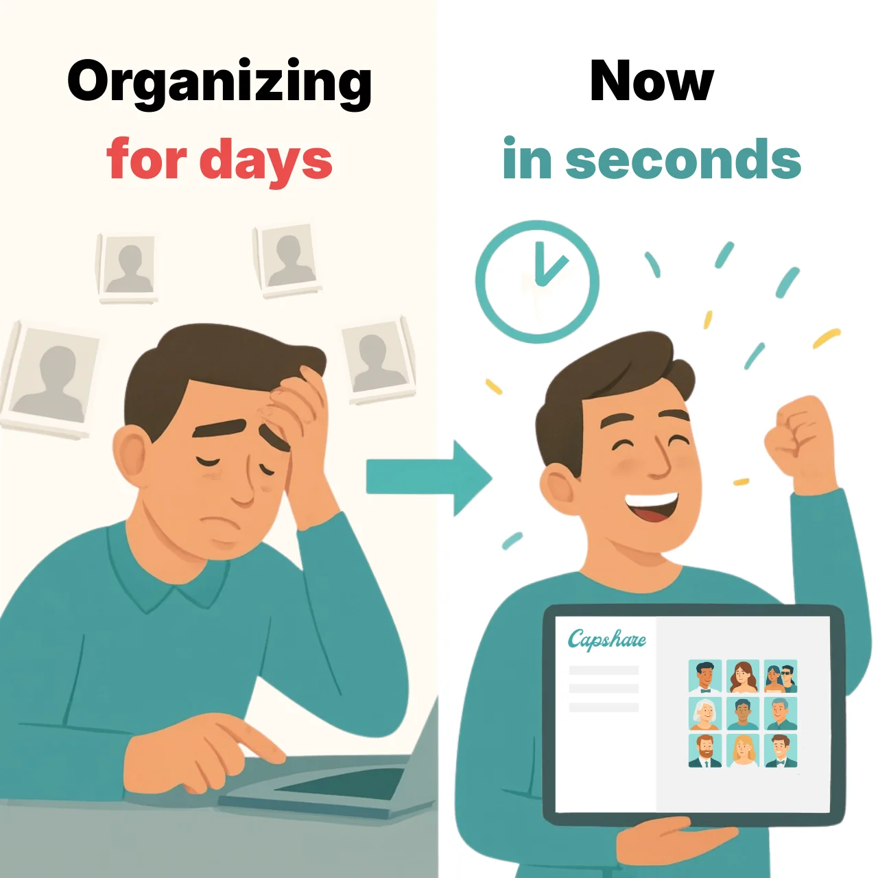 Before and after comparison showing photo organization